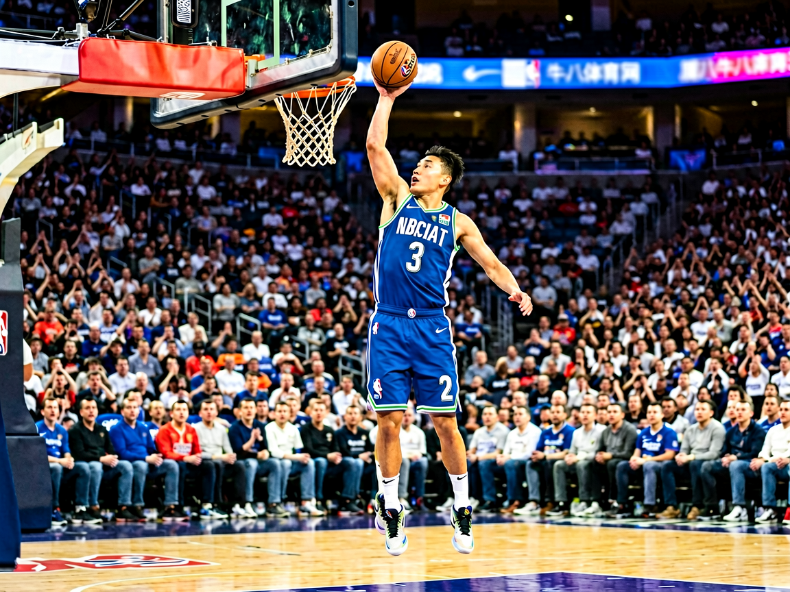 NBA篮球赛事现场：球员突破上篮瞬间，观众席气氛热烈